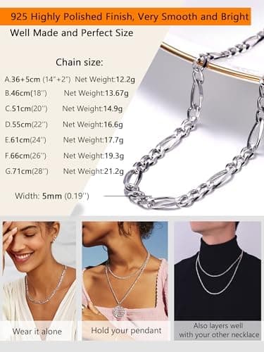 PROSTEEL 925 Sterling Silver Cuban Link Chain Necklace for Men, Dainty Figaro Chains, Solid & Shiny, 3mm/5mm, 14-28 inch, Come with Box - Image 5