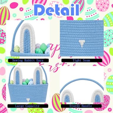 Easter Basket,Bunny Easter Baskets,Easter Buckets for Kids Girls Boys Easter Egg Hunting Basket,Bunny Rabbit Easter Tote Bags for Easter Decorations Candy Gifts Toy(Grey) - Image 4