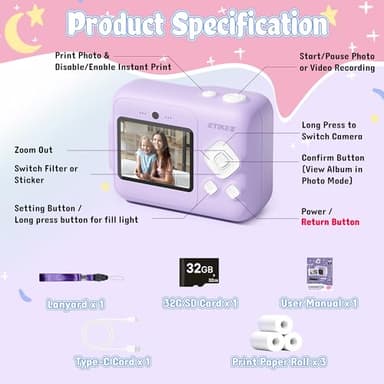 ETIKEZ Kids Camera, 1080P Instant Digital Print Camera for Kids, Christmas Birthday Gifts for 4 5 6 7 8 9 10 Year Old Girls Boys, Portable Toy with 32GB SD Card & 3 Rolls Printing Paper, Purple - Image 5