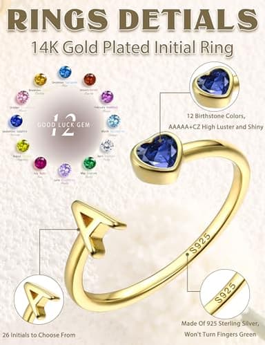 FIBO STEEL Initial Birthstone Rings for Women - 14K Gold Plated Sterling Silver Rings - Adjustable Stackable Dainty Gold Heart Cubic Zirconia Letter Ring Birthday Bridesmaid Gifts Jewelry A September - Image 4