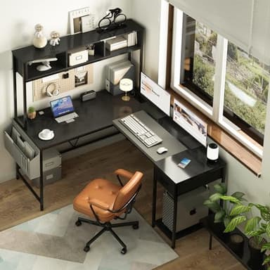 Yoobure L Shaped Desk Gaming Desk with LED Strip & Power Outlet, Reversible L-Shaped Computer Desk with Storage Shelf & Drawer, Corner Desk with Storage Bag, 2 Person Home Office Desk, Black - Image 7