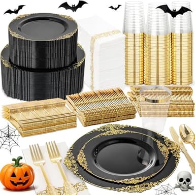 Nervure 350PCS Black Plastic Plates - Black Plastic Dinnerware Sets for 50 Guests - 100 Disposable Plates, 150 Gold Silverware, 50 Cups, 50 Napkins for Wedding & Party & Halloween - Image 1