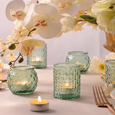 DARJEN 12Pcs Green Votive Candle Holders with 12Pcs Tea Lights Candles- Round Glass Candle Holders Bulk for Table Centerpiece, Tea Lights Candle Holders for Wedding Home Party & Gift - Image 8