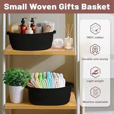 Bufims Small Woven Black Gifts Basket for Storage Empty with Ribbons and Bags Durable Cute Gifts 12"X 8" X 5" Small Rope Basket for Gifting - Image 6