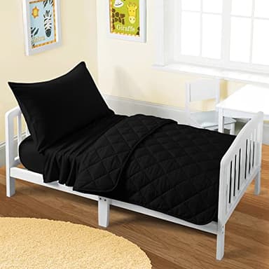 FLXXIE 4 Pieces Toddler Bedding Set, Soft and Breathable Microfiber Crib Sheet Set, Includes Quilted Comforter, Flat Top Sheet, Fitted Sheet, Envelope Pillow Case for Boys and Girls, Black - Image 9