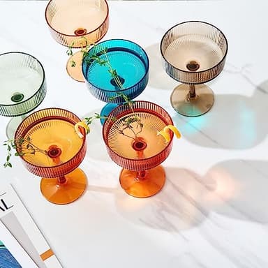 Shatterproof Acrylic Ribbed Vintage Art Deco Martini, Champagne & Cocktail Muted Color Plastic Tritan Coupe Glasses | Set of 6 | 8 oz Ripple Glassware Classic Cocktail Indoor & Outdoor, European Style - Image 6