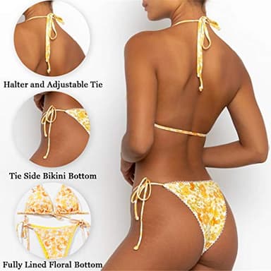Women's Two Piece Bikini Swimsuit Set Floral Padded Top Tie Side Triangle Thong Bathing Suit Yellow - Image 2