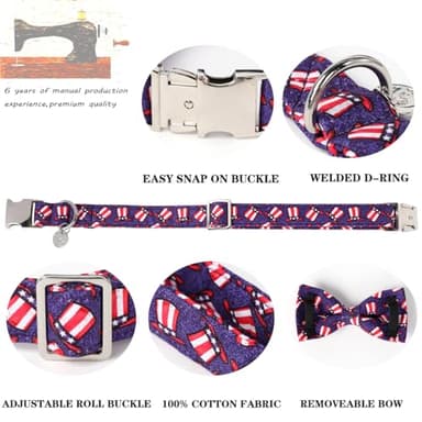 DOGWONG American Flag Dog Collars with Detachable Bow - 4th of July Adjustable Cotton Dog Collar - Perfect Independence Day Dog Collar for Small Medium Large Dogs - Image 3