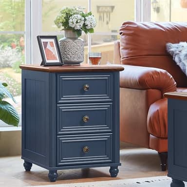 RWYHG 18" Farmhouse Night Stand Set of 2, Blue Wood Nightstand with 3 Drawers, Bedside End Table with Storage and Roman Column, Bed Side Tables Cabinet for Bedroom, Living Room, and Closet - Image 7