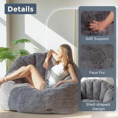 MAXYOYO Giant Bean Bag Chair, Oversized Bean Bag Couch for Adults and Kids, Faux Fur Shell-Shaped Large Chair with Filler, Stuffed Big Accent Sofa Lounge Floor Sofa for Gaming, Reading, Dark Grey - Image 6