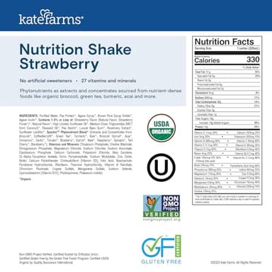 Kate Farms Organic Nutrition Shake, Strawberry, 16g Protein, 27 Vitamins and Minerals, Meal Replacement, 11 oz, 12 Pack - Image 3