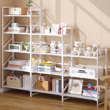 JSB No Assembly Folding Bookshelf, 5 Tier Industrial Metal Book Shelf for Storage, Vintage Wood Foldable Bookcase for Living Room, Bedroom, Office Organization Shelves - Image 5