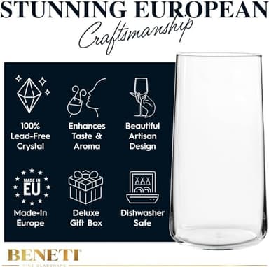 BENETI Modern Tall Drinking Glasses Set of 6 | Handmade In Europe | 18oz Premium Highball Crystal Glass Cups for Water and Juice - Image 3