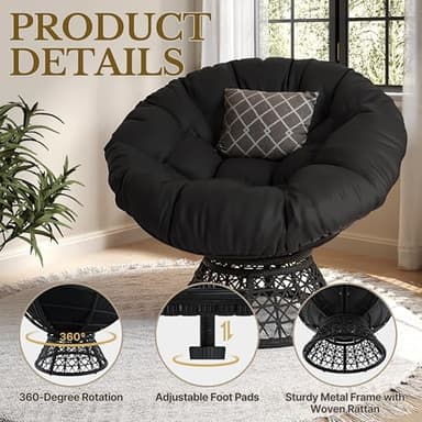 Yaheetech Indoor Papasan Chairs with Thick Tufted Cushions and Frame, Swivel Wicker Ergonomic Lounge Reading Chairs for Living Room/Bedroom, Black - Image 6