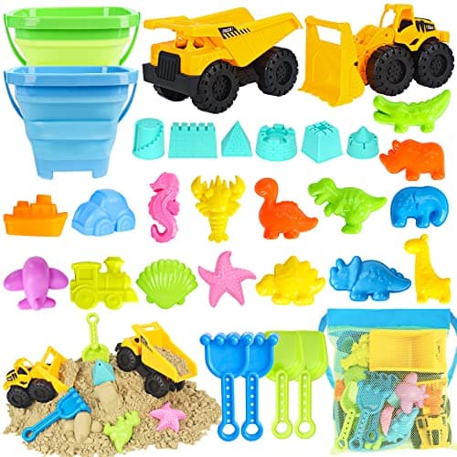 FHOZGECY Beach Toys, 31Pcs Sand Toys with 2 Construction Vehicle and 2 Collapsible Beach Bucket, Sand Castle Building Kit, Sand Molds, Shovel Set, Mesh Bag, Summer Toys for Kids Ages 4-8 - Image 1