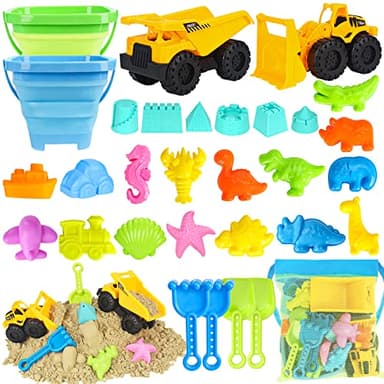 FHOZGECY Beach Toys, 31Pcs Sand Toys with 2 Construction Vehicle and 2 Collapsible Beach Bucket, Sand Castle Building Kit, Sand Molds, Shovel Set, Mesh Bag, Summer Toys for Kids Ages 4-8 - Image 1