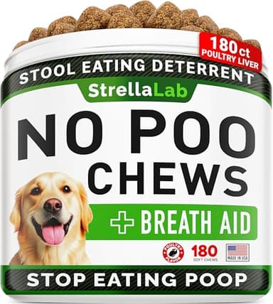 STRELLALAB No Poo Chews for Dogs - Coprophagia Deterrent for Dogs - No Poop Eating - Digestive Enzymes - Gut Health Support - Stop Eating Poop - 180Ct Poultry Liver - Image 1