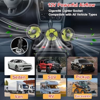 Triple-Head Fan for Car, Portable AC for Car with 360° Rotation Cigarette Lighter Plug for Car RV and SUVs - Image 6