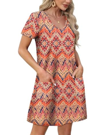 OFEEFAN Sundresses for Women 2025 Beach Vacation Clothes Fashion Short Sleeve Dresses Swimsuit Coverup Loose V Neck Swing T Shirt Dress with Pockets Floral 02 L - Image 3