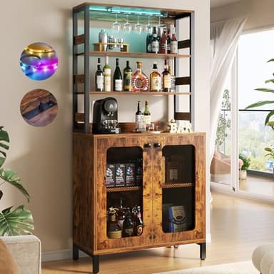 Aheaplus Bar Cabinet with Power Outlets, 67" Tall Wine Bar Liquor Cabinet with LED Lights & Glass Holder, Coffee Bars Station for Living Room, Microwave Stand Bakers Rack Cabinets, Rustic Brown - Image 1