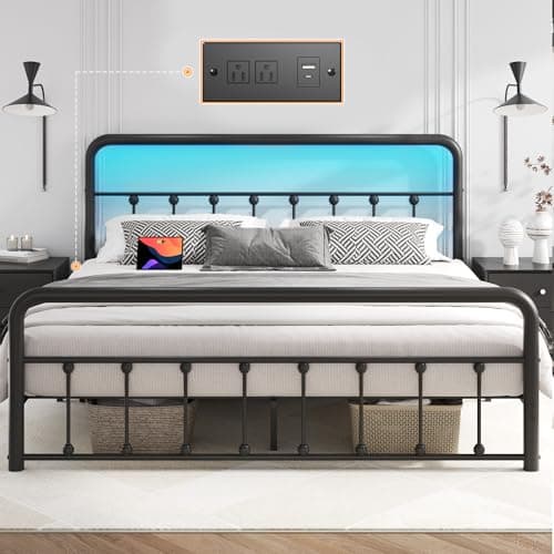 Fluest 14 Inch Queen Bed Frame Classic Metal Platform Bed Frame with Charging Station & LED, Victorian Style Iron-Art Headboard/Footboard, Under Bed Storage, No Box Spring Needed, Noise Free - Image 1