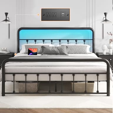 Fluest 14 Inch Queen Bed Frame Classic Metal Platform Bed Frame with Charging Station & LED, Victorian Style Iron-Art Headboard/Footboard, Under Bed Storage, No Box Spring Needed, Noise Free - Image 1