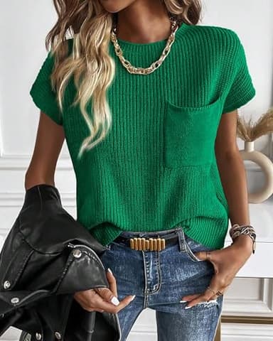 KIRUNDO Summer Fall Short Sleeve Sweater for Women 2025 Casual Sweater Vest Cotton Knit Pullover Tank Tops Fashion Clothing(Green, Small) - Image 5