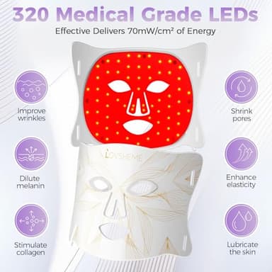 Lovsheme Red Light Therapy for Face, LED Face Mask Light Therapy, Red Light Therapy Mask for Acne, Wrinkles and Skin Rejuvenation, 320 LEDS, 3 Modes, 10-Min Auto Off, Eye Protection Included - Image 4