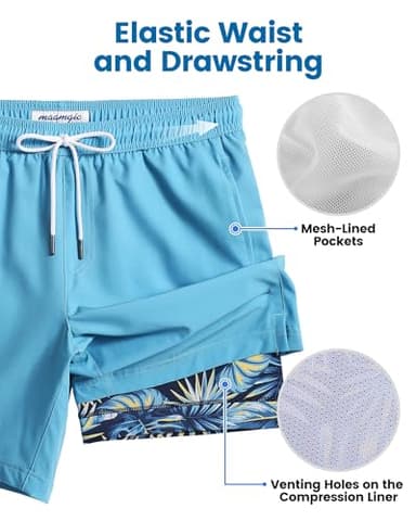 maamgic Mens Swim Trunks with Compression Liner 7 Inch Inseam Mens Bathing Suit Quick Dry Swimming Trunks Swimsuit Blue Leaf Medium - Image 3