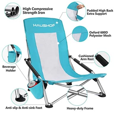 HAUSHOF High Back Beach Chair, Mesh Back Folding Chair, Lightweight Low Seat Camping Chairs with Cup Holder, Carry Bag, Padded Armrest for Outdoor Beach Lawn Camping Picnic Festival - Image 5
