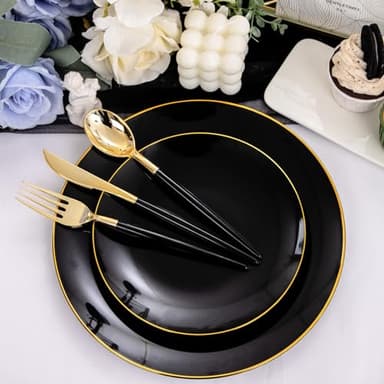 Nervure 100PCS Black and Gold Plastic Plates - 10.25 inch Black Disposable Plates - Gold Rim Dinner Plate - Black Dinner Plate Ideal for Wedding & Party & Halloween - Image 5