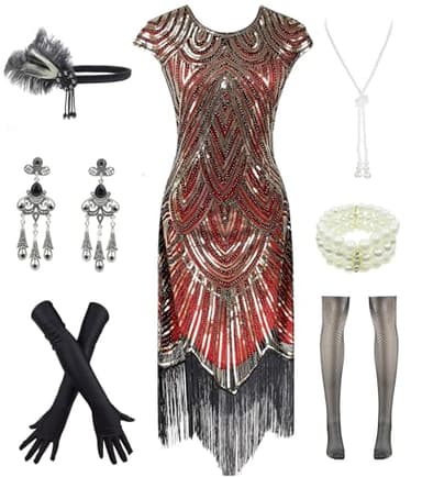 Women 1920s Vintage Flapper Fringe Beaded Gatsby Party Dress With 20s Accessories Set (XXL, Gold Red) - Image 1