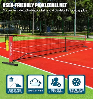 BAGAIL Portable Pickleball Net Set, 22 FT Regulation Size Pickle Ball Net with Ball Collector, Carry Bag, Easy Setup for Outdoor Indoor Driveway - Red - Image 3