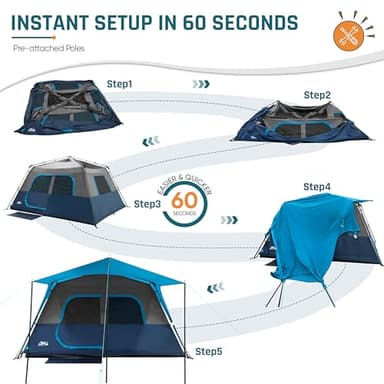 Camping Tent, Instant Cabin Tents for Camping, 8-Person Family Tent, Easy Setup in 60 Seconds with Porch, Large Waterproof Tents for Outdoor Camping, 5 Mesh Windows, Upgraded Ventilation (Blue) - Image 2