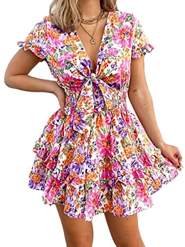PRETTYGARDEN Women Summer Short Dress 2025 Casual V Neck Short Sleeve Tiered Bow Mini Sun Dresses Beach Vacation Sundress(Floral White,Large) - Image 1