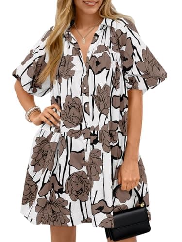 Wenrine Women's Summer Button Down Shirt Dress Floral Puff Short Sleeve Casual Loose Fit Beach Mini Dresses Brown - Image 1