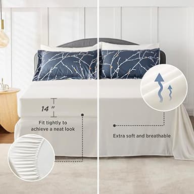 Bedsure Queen Comforter Sets - 7 Pieces Floral Navy Blue Bed Set, Tree Branch Pattern Printed Bed in a Bag Queen with Comforter, Sheets, Pillowcases & Shams - Image 5