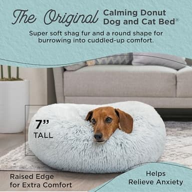 Best Friends by Sheri Original Calming Donut Dog and Cat Bed, Shag Faux Fur, Frost Gray, (23in x 23in) - Anxiety Relief for Pets Up to 25 lbs - Image 2