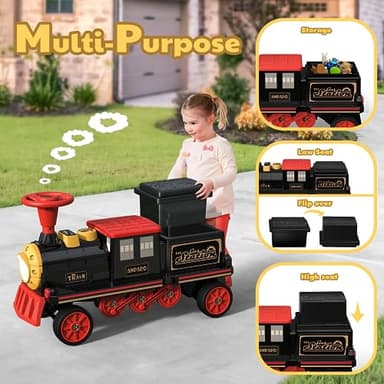 ANPABO 2-Seater Ride On Train Trackless, 12V Kids Car with Height-Adjustable Seat, Extra Storage, Headlight, Train Whistle & Music, Electric Car for Kids 3+ (Carriage Not Included), Red - Image 4