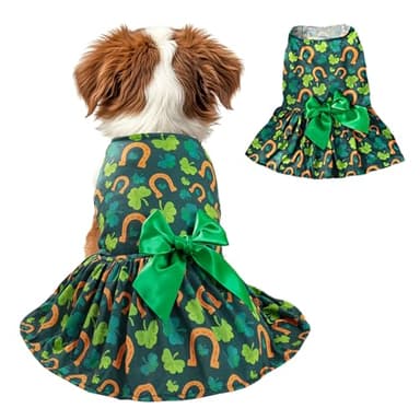 St. Patrick's Day Dog Costume Dress S, Green Shamrock and Horseshoe Print with Satin Bow, Pet Outfit for 6-7 lbs Dogs and Cats, Festive Holiday Apparel - Image 1