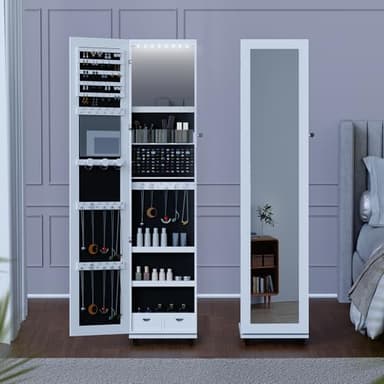 BTDWI 65’’ Jewelry Mirror Cabinet with Wheels, 360° Swivel Jewelry Armoire Floor Standing with Interior Led Mirror & Rear Storage Shelves, White - Image 3