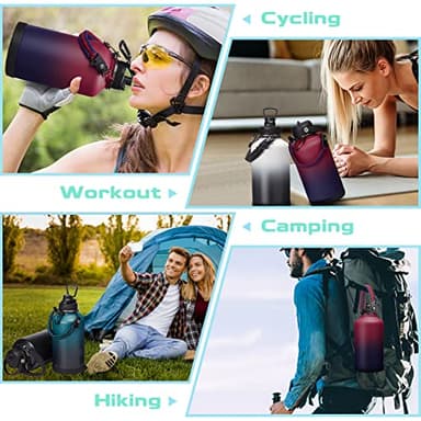 64OZ Vacuum Insulated Water Bottle - Keep Hot Cold Vacuum Flasks with Straw & Spout Lids, Paracord Handle, Water Bottler Carrier Holder & Protective Cup Mat, 1.8L Stainless Steel Water Jug - Image 8