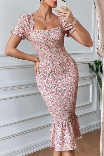 PRETTYGARDEN Summer Floral Bodycon Midi Dresses 2025 Puff Sleeve Mermaid Cocktail Baby Shower Photoshoot Maternity Dress (Pink,Medium) - Image 3
