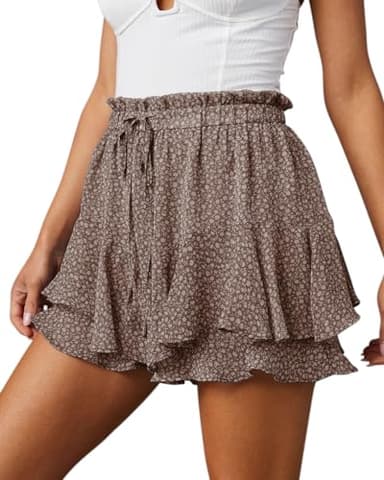 Aoudery Flowy Shorts for Women Casual Boho Floral Skorts Ruffle Mini Skirts Running Tennis Butterfly Chiffon Shorts - Floral Brown S - Image 1
