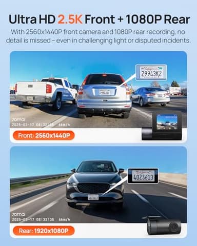 70mai Dash Cam Front and Rear - 2.5K+1080P Dual Dash Camera with HDR, Super Night Vision, F1.55 Aperture, 24H Parking Mode, Built-in Wi-Fi & GPS, G-Sensor, Loop Recording, 64GB Card Included (A410) - Image 2