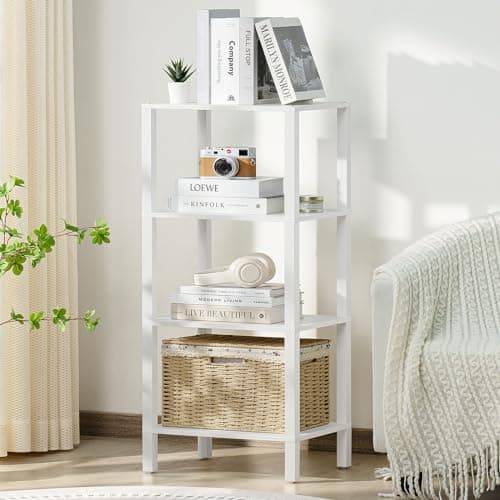 YUFAM 4 Tier Tall Wooden Bookshelf with Storage - Small White Bookcase for Small Spaces, Shelf for Living Room, Office, Bedroom, Kitchen - Industrial Modern Book Shelf - Image 1