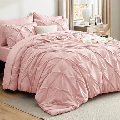 Bedsure Queen Comforter Set Pink - Bed in a Bag Queen Size 7 Pieces, GentleSoft™ Pintuck Bed Set Gift for Family, Pinch Pleat Pink Comforter with Sheets, Pillowcases & Shams - Image 1
