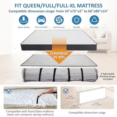 Queen/Full/Full-XL Foam Mattress Vacuum Bag for Moving, Vacuum Seal Mattress Bag with Straps - Image 2