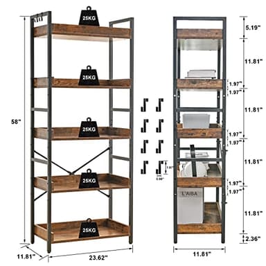 HCHQHS Adjustable 5 Tier Open Bookcase, Rustic Farmhouse Book Shelves, Industrial Wood and Black Metal Bookshelves, Mid Century Bookcase for Home Office Living Room Bedroom - Image 3