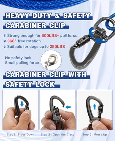 Dog Runner for Yard, Double Shock Absorption Trolley System for Large Dogs Up to 250LBS, Heavy Duty 200FT Tie Out Run Cable With 10FT Leads, Aerial Zipline for Outside, Camping - Image 3